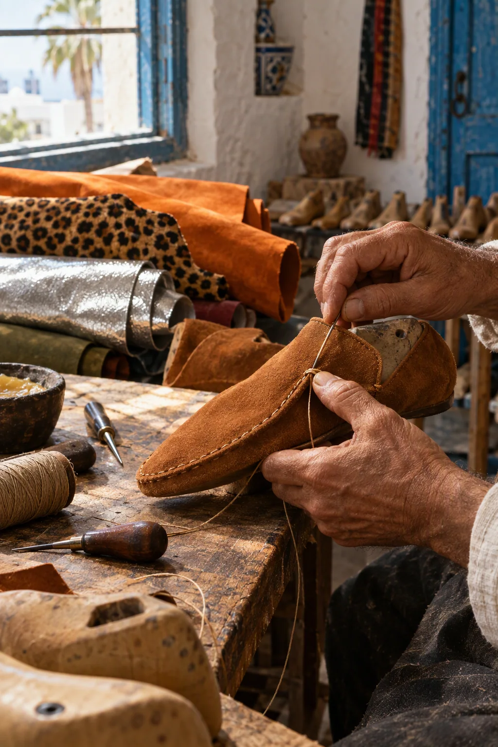 Artisan cousant un mocassin en daim